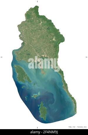 Trat, province of Thailand. Sentinel-2 satellite imagery. Shape isolated on white. Description, location of the capital. Contains modified Copernicus Stock Photo