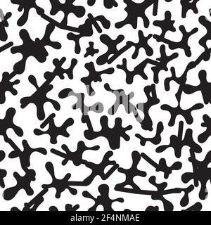 Abstract seamless patterns with dots, chaotic shapeless spots, worms. Fashion 80-90s. Black white yellow textured. Stock Vector