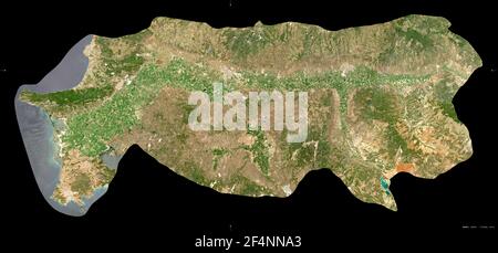 Aydin, province of Turkey. Sentinel-2 satellite imagery. Shape isolated on black. Description, location of the capital. Contains modified Copernicus S Stock Photo