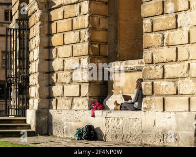 Oxford, UK 22 Nov 2020: Student girl sitting in the sun on Radcliffe Camera wall slope using laptop for learning. Young woman research information on Stock Photo