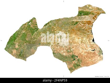 Gaziantep, province of Turkey. Sentinel-2 satellite imagery. Shape isolated on white. Description, location of the capital. Contains modified Copernic Stock Photo