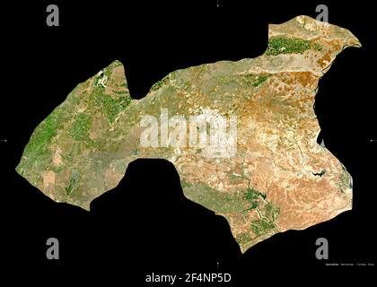 Gaziantep, province of Turkey. Sentinel-2 satellite imagery. Shape isolated on black. Description, location of the capital. Contains modified Copernic Stock Photo
