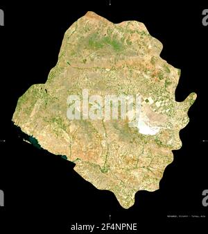 Kirsehir, province of Turkey. Sentinel-2 satellite imagery. Shape isolated on black. Description, location of the capital. Contains modified Copernicu Stock Photo