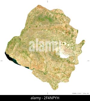 Kirsehir, province of Turkey. Sentinel-2 satellite imagery. Shape isolated on white. Description, location of the capital. Contains modified Copernicu Stock Photo