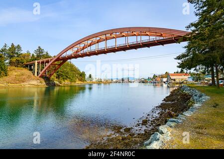 Rainbow Bridge connecting La Conner in the Skagit Valley to Fidalgo Island across the Swinomish Channel in Western Washington State on a sunny day Stock Photo