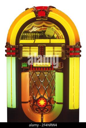 Brightly lit Wurlitzer jukebox, Caleta de Fuste, Fuerteventura, Canary Islands, Spain Stock Photo