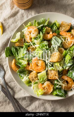 Homemade Shrimp Caesar Salad  with Romaine and Croutons Stock Photo