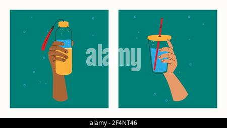 Glass bottle and tumbler with straw. Take your drinks with you. Reusable items for drinking water. Zero waste concept, vector in trendy design style. Stock Vector
