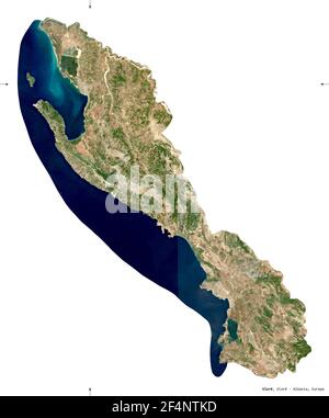 Vlore, county of Albania. Sentinel-2 satellite imagery. Shape isolated on white. Description, location of the capital. Contains modified Copernicus Se Stock Photo