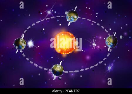Bright colourful diagram of Earth seasons, autumnal and vernal equinoxes, winter and summer solstices concept on deep space Stock Vector