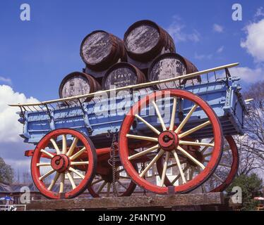 Wooden beer waggon outside The Waggon Pub, Dorchester Road, Taunton, Somerset, England, United Kingdom Stock Photo