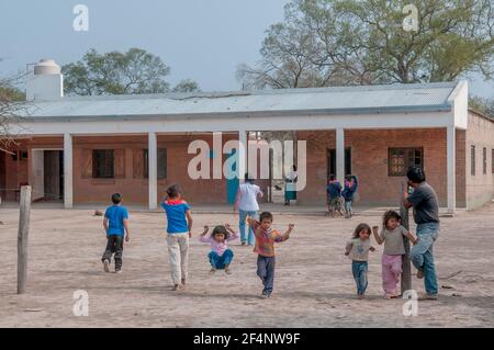 Chaco Province. Argentine. 15-01-2019. Group of indigenous children attending school in the Chaco Province, North of Argentine. Stock Photo