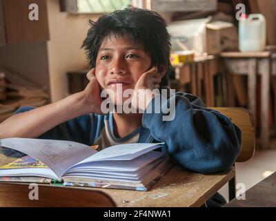 Chaco Province. Argentine. 15-01-2019. Portrait of an indigenous boy attending school in the Chaco Province, North of Argentine. Stock Photo