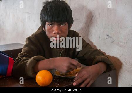 Chaco Province. Argentine. 15-01-2019. Portrait of an indigenous boy while attending school in the Chaco Province, North of Argentine. Stock Photo