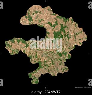 Razgrad, province of Bulgaria. Sentinel-2 satellite imagery. Shape isolated on black. Description, location of the capital. Contains modified Copernic Stock Photo