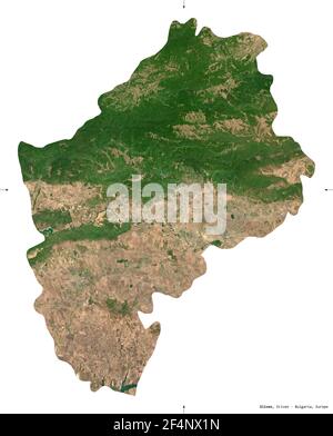 Sliven, province of Bulgaria. Sentinel-2 satellite imagery. Shape isolated on white. Description, location of the capital. Contains modified Copernicu Stock Photo