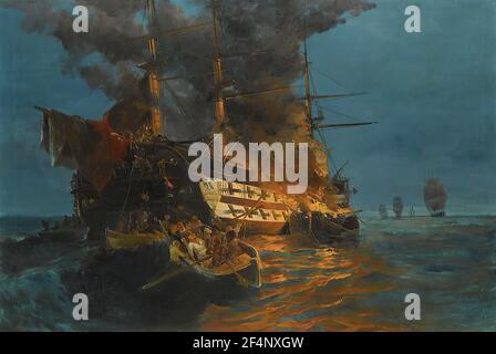 The burning of a Turkish frigate - Konstantinos Volanakis Stock Photo ...