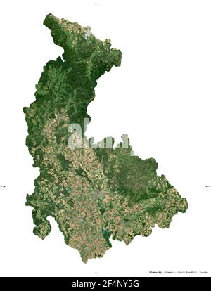 Olomoucky, region of Czech Republic. Sentinel-2 satellite imagery. Shape isolated on white solid. Description, location of the capital. Contains modif Stock Photo