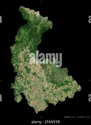 Olomoucky, region of Czech Republic. Sentinel-2 satellite imagery. Shape isolated on black. Description, location of the capital. Contains modified Co Stock Photo