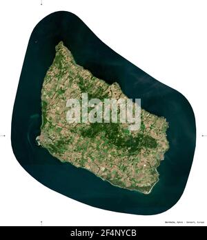 Bornholm, island of Denmark. Sentinel-2 satellite imagery. Shape isolated on white. Description, location of the capital. Contains modified Copernicus Stock Photo