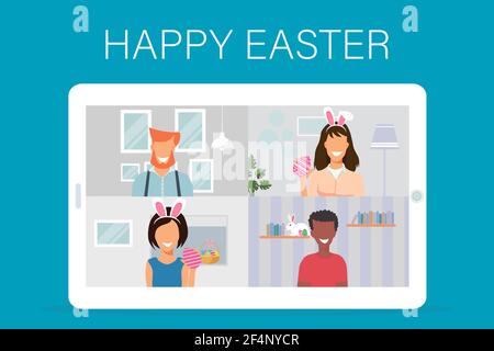 Video conference with people group meeting online on blue background with text Happy Easter. New normal and covid-19 concept Stock Vector