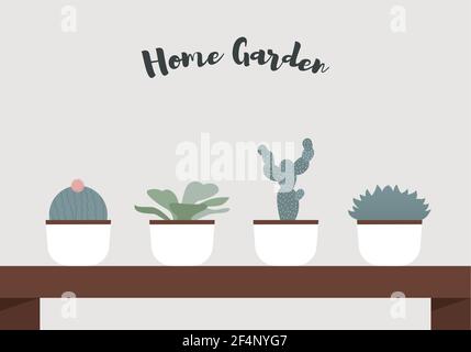 Home garden Vector illustration with copy space Different cactus, plants and succulents in white pots on wooden table Stock Vector