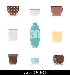 Flower pot set Vector illustration in flat design Different ceramic pots with pattern and in minimal style isolated on white background Stock Vector