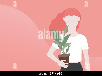 Gardening Vector illustration with copy space in flat design Redhead girl in white T-shirt is holding green plant in pot in her hands on pink back Stock Vector