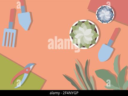 Gardening Vector illustration in flat design Top view poster template with plants, shovel, pruner, rake on orange table Stock Vector
