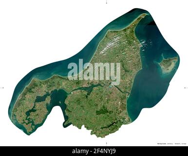Nordjylland, region of Denmark. Sentinel-2 satellite imagery. Shape isolated on white. Description, location of the capital. Contains modified Coperni Stock Photo