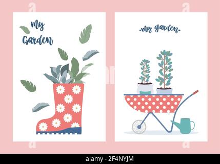 Bush flowers in textured red rubber boots on white background Red wheelbarrow in polka dot with tree seedlings and blue watering can Stock Vector