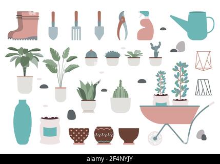 Home garden Vector icons set in flat design  Garden tools, plants and flowers in pots. Trendy domestic hobby elements isolated on white backdrop Stock Vector