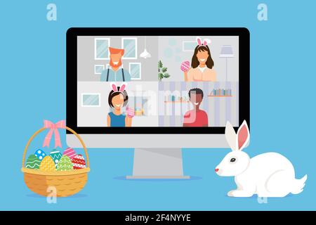 Peoples celebrating the Easter holiday on video conferencing calls on the computer. New normal and covid 19 concepts Stock Vector
