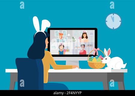 Video conference with people group on a computer at home, meeting online. Friends talking on video and celebrating Easter holiday Stock Vector