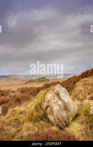 Digital painting of baldstone, and Gib Torr looking towards the Roaches, Ramshaw Rocks, and Hen Cloud during winter in the Peak District National Park Stock Photo