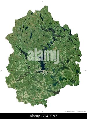Pirkanmaa, region of Finland. Sentinel-2 satellite imagery. Shape isolated on white. Description, location of the capital. Contains modified Copernicu Stock Photo