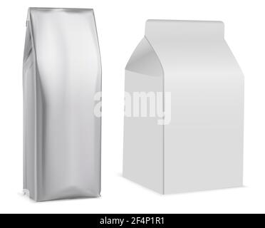 Coffee bag mockup, white package, tea, biscuit. Paper pouch, milk pack, retail product. Snack package blank, glossy flex box, isolated pillow sachet f Stock Vector