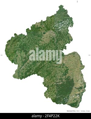 Rheinland-Pfalz, state of Germany. Sentinel-2 satellite imagery. Shape isolated on white. Description, location of the capital. Contains modified Cope Stock Photo