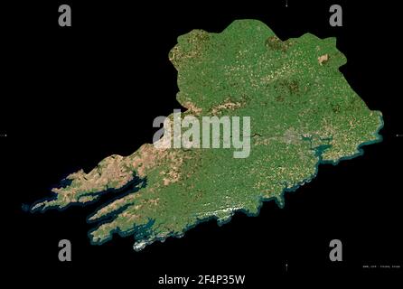 Cork, county of Ireland. Sentinel-2 satellite imagery. Shape isolated on black. Description, location of the capital. Contains modified Copernicus Sen Stock Photo