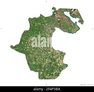 Louth, county of Ireland. Sentinel-2 satellite imagery. Shape isolated on white. Description, location of the capital. Contains modified Copernicus Se Stock Photo