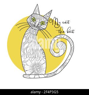 Cute cat with doodle abstract flowers and leaves, quote - my cat the best. Vector hand drawn outline illustration. Stock Vector