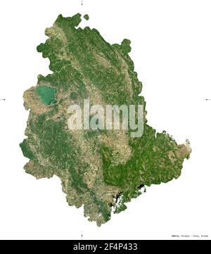 Umbria, region of Italy. Sentinel-2 satellite imagery. Shape isolated on white. Description, location of the capital. Contains modified Copernicus Sen Stock Photo