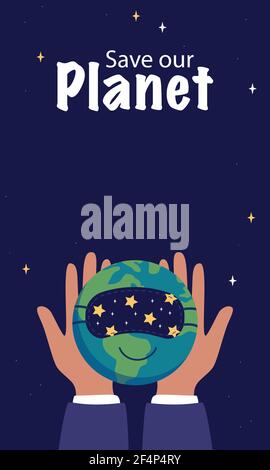 Vertical poster hands hold a sleeping planet Earth in a mask. Stock Vector