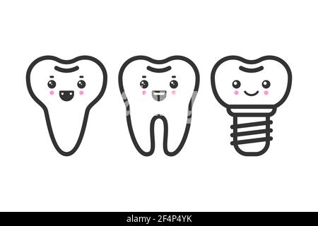 Cute teeth outline vector set with different emotions. Different tooth form Stock Vector