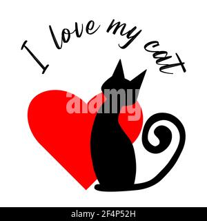 Black silhouette of cat, red heart and quote - I love my cat. Vector hand drawn illustration. Stock Vector
