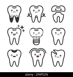 Cute teeth outline vector set with different emotions. Different tooth ...