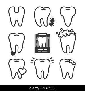Cute teeth line style vector set with different tooth conditions Stock Vector
