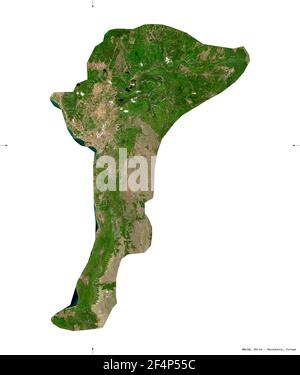 Ohrid, municipality of Macedonia. Sentinel-2 satellite imagery. Shape isolated on white. Description, location of the capital. Contains modified Coper Stock Photo