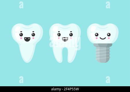 Cute teeth colorful vector set with different emotions. Different tooth form Stock Vector