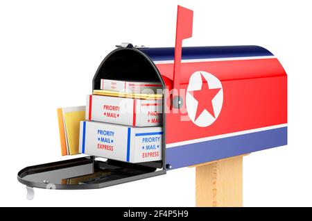 Mailbox with North Korean flag with parcels, envelopes inside. Shipping in North Korea, concept. 3D rendering isolated on white background Stock Photo